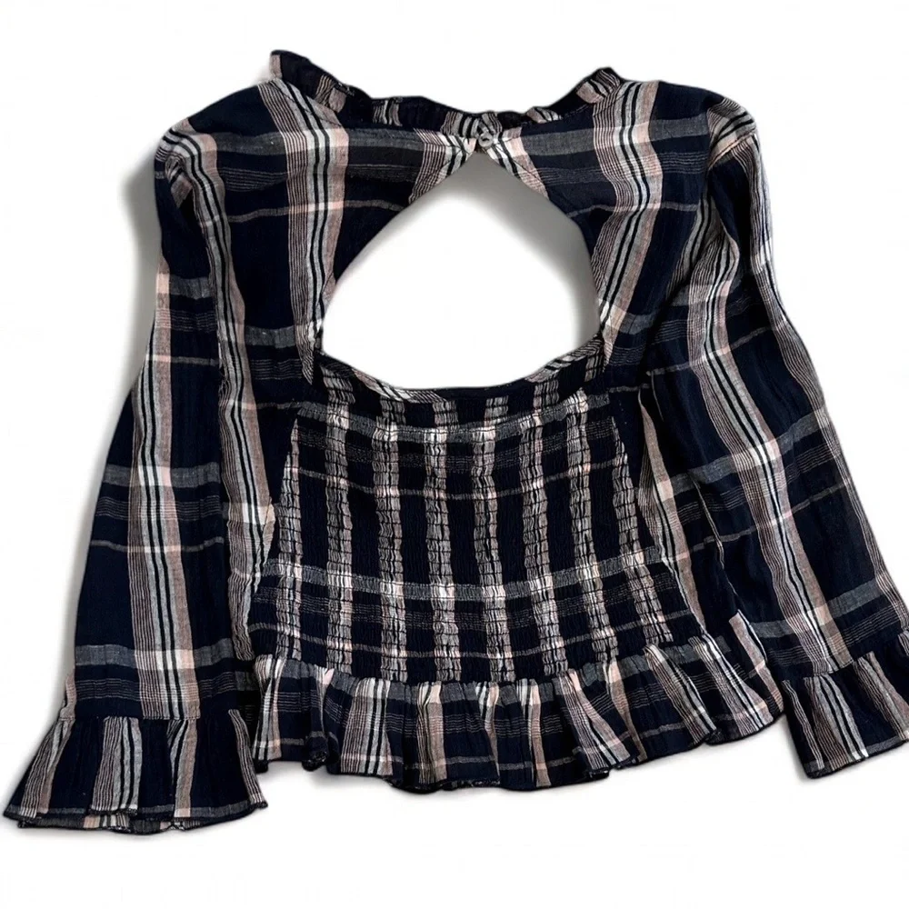 Free People Shirred w Elastic Blue Plaid Long-Sleeved Smocked Plaid Crop Shirt